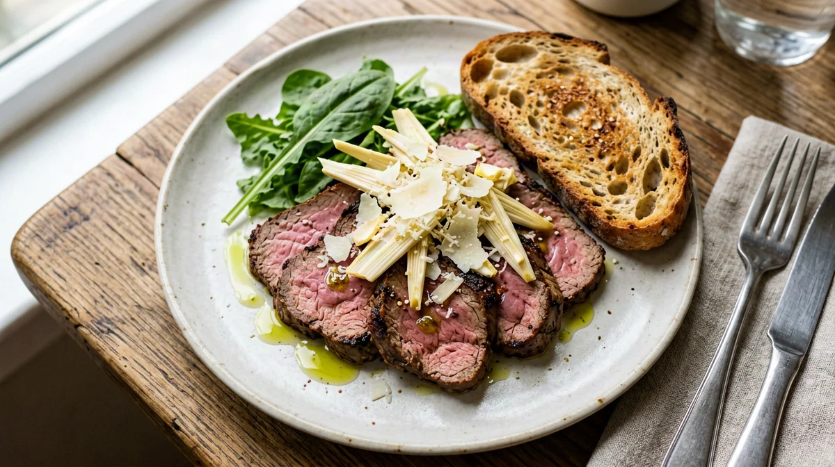 Seared beef carpaccio with raw artichoke and toasted bread