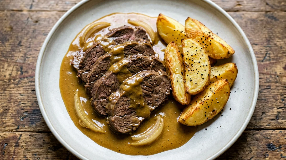 Manzo alla genovese con cipolle e patate al forno