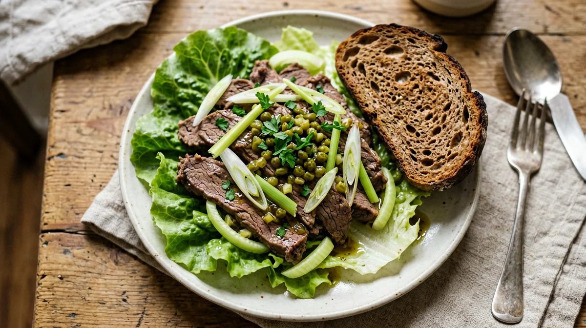 Insalata di manzo bollito con sedano, cipollotto e pane di segale