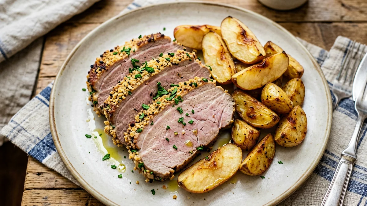Filetto di maiale in crosta di senape ed erbe con mele e patate