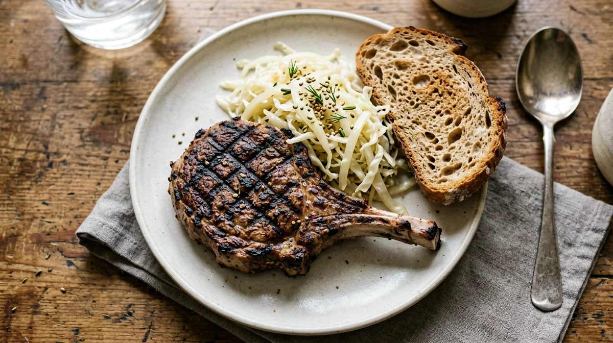 Braciola di maiale ai ferri con cavolo cappuccio stufato e pane