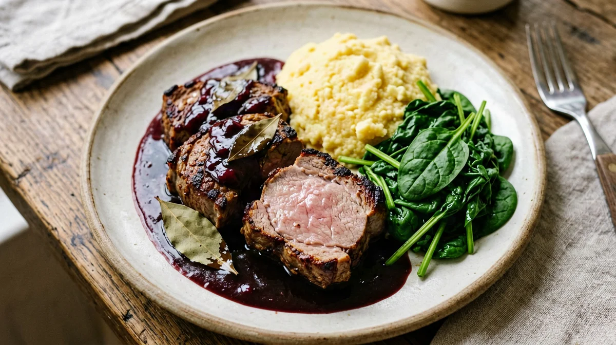 Pork tenderloin with prunes and soft polenta