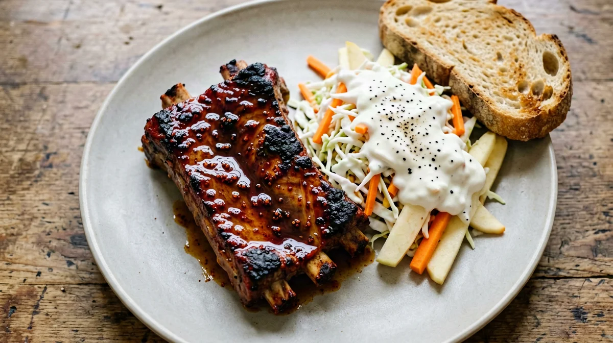 Oven-baked pork ribs with cabbage and apple slaw and bread