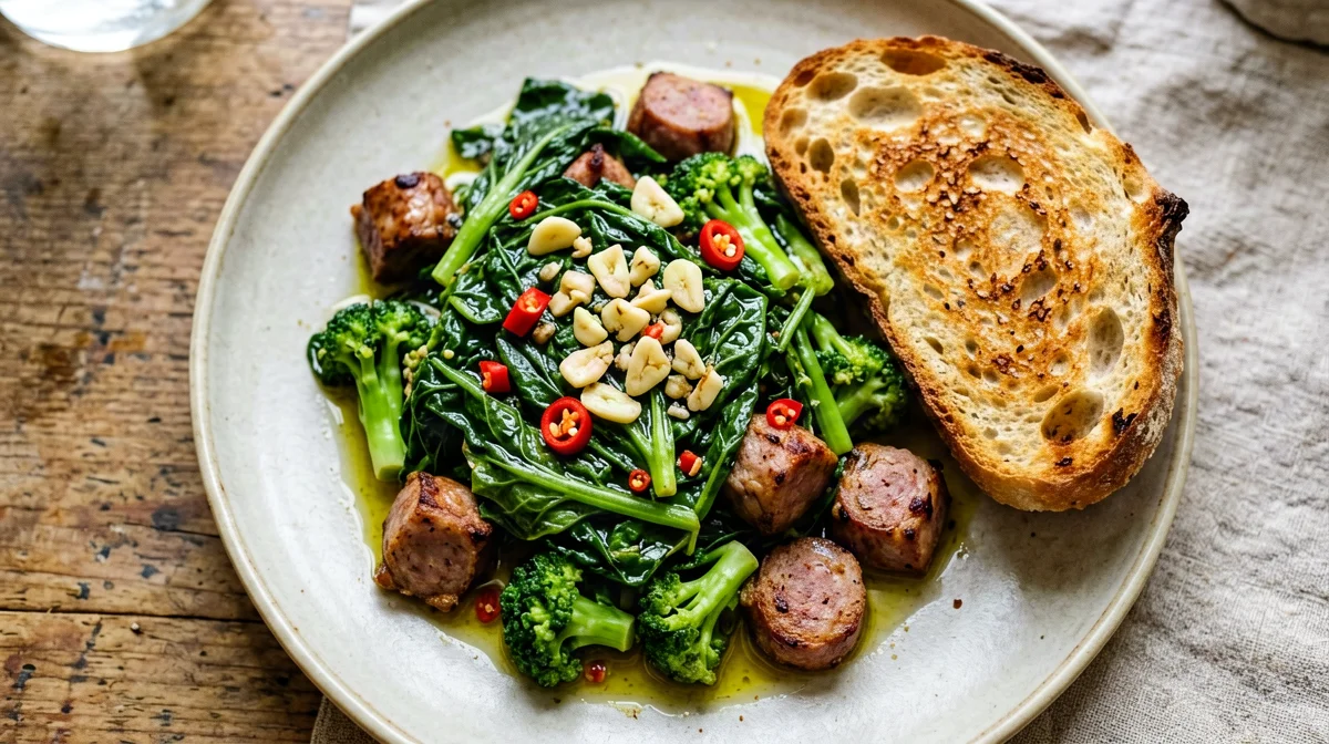 Sausage with turnip greens and country bread