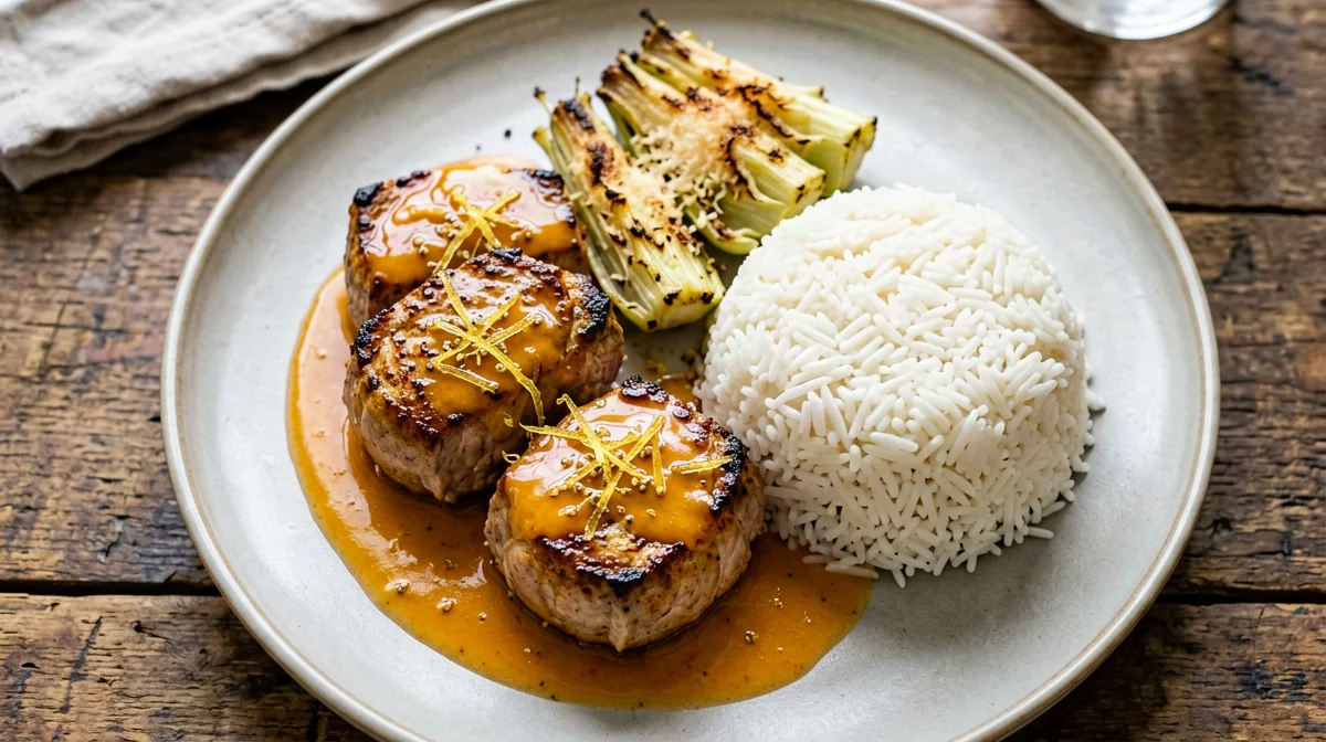 Filetto di maiale all'arancia con finocchi gratinati e riso basmati
