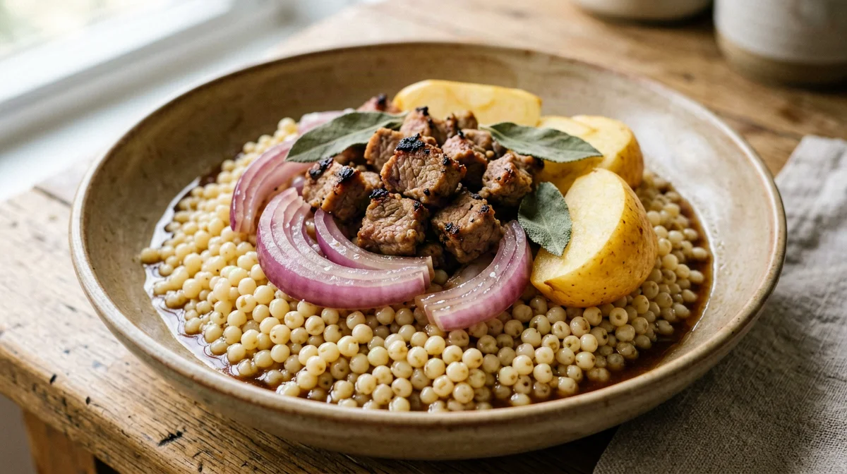 Bocconcini di maiale con mele, cipolle e orzo perlato