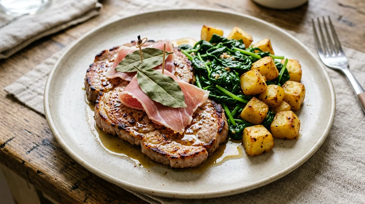 Pork loin saltimbocca with spinach and potatoes