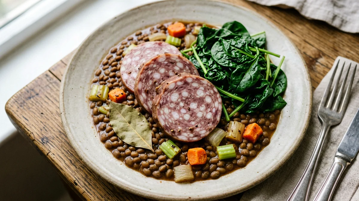 Cotechino with lentils and spinach