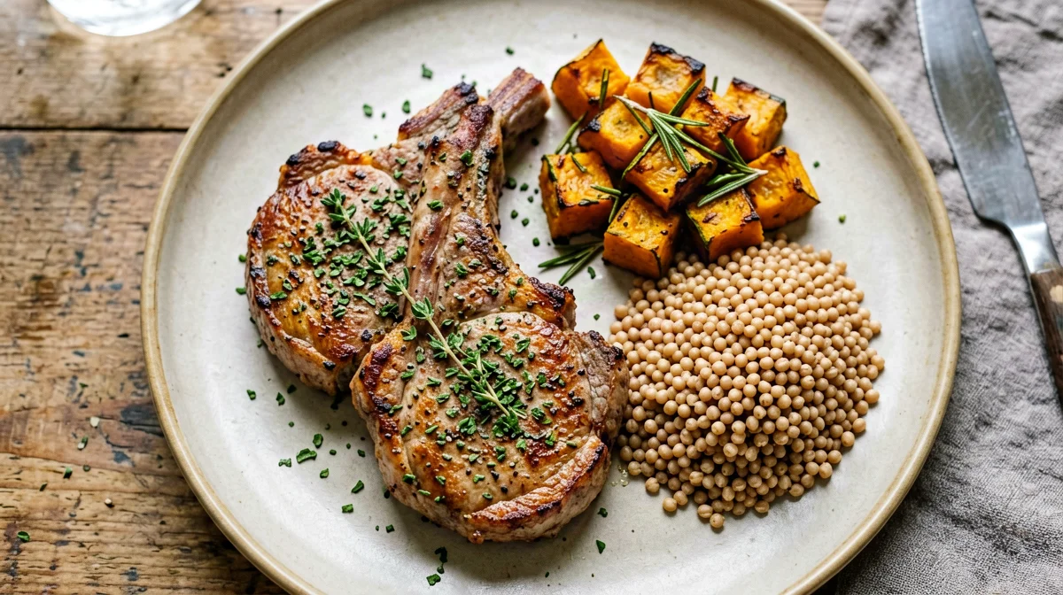Herbed pork loin with roast squash and spelt