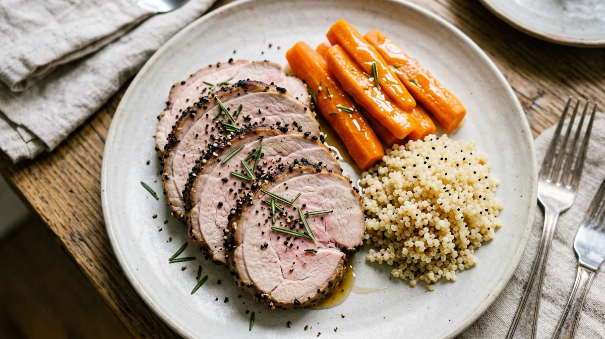 Pepper and rosemary pork tenderloin with carrots and quinoa