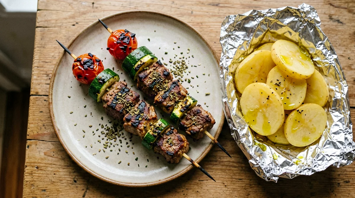Spiedini di maiale, zucchine e pomodorini con patate al cartoccio