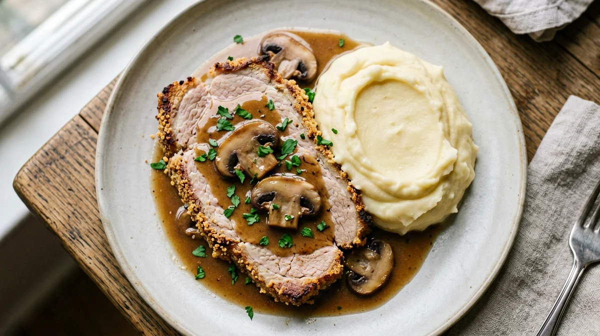 Scaloppine di maiale ai funghi con purè di patate