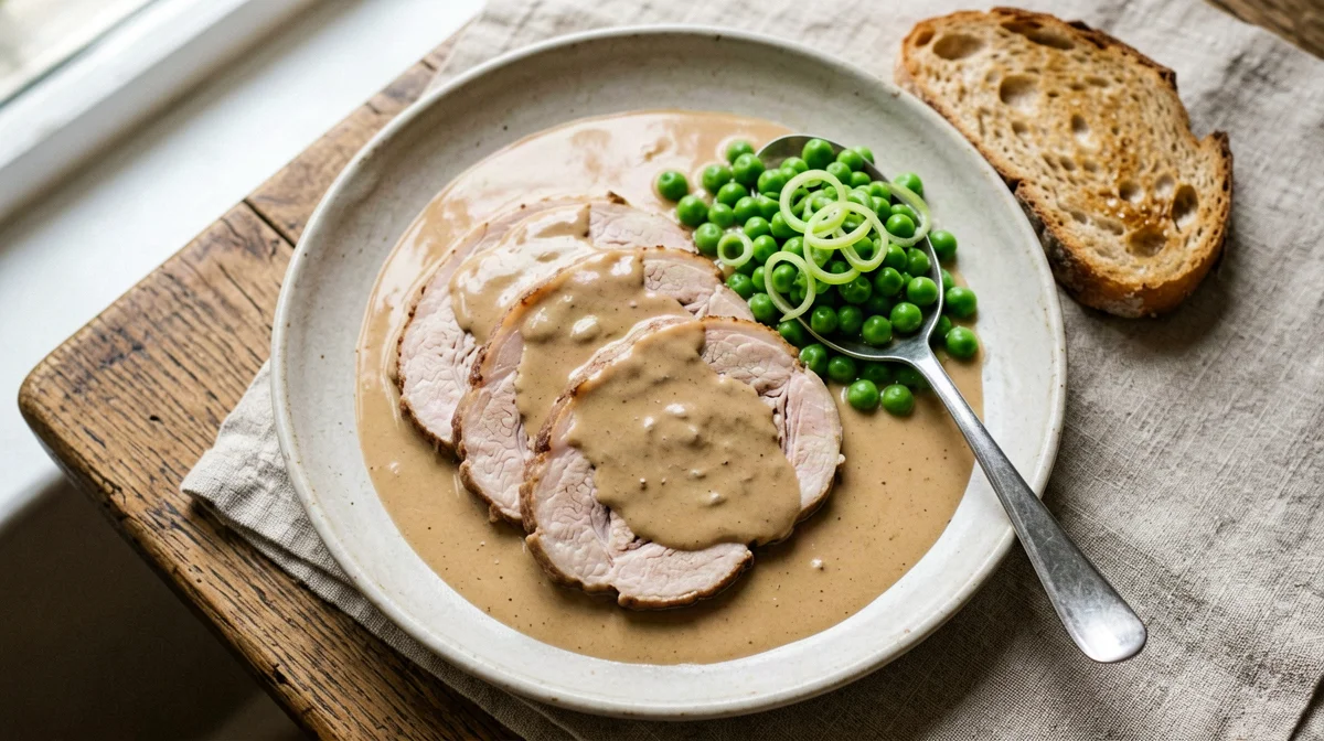 Milk-braised pork loin with peas and bread