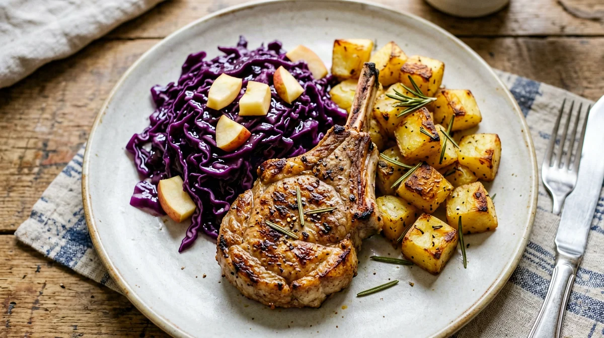 Braciola di maiale con cavolo rosso e mele e patate al rosmarino