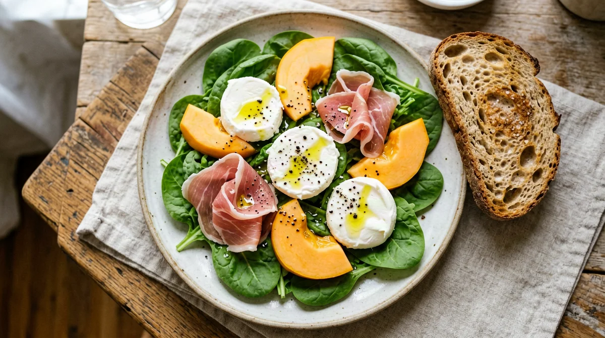 Prosciutto crudo, melone e mozzarella light con pane integrale