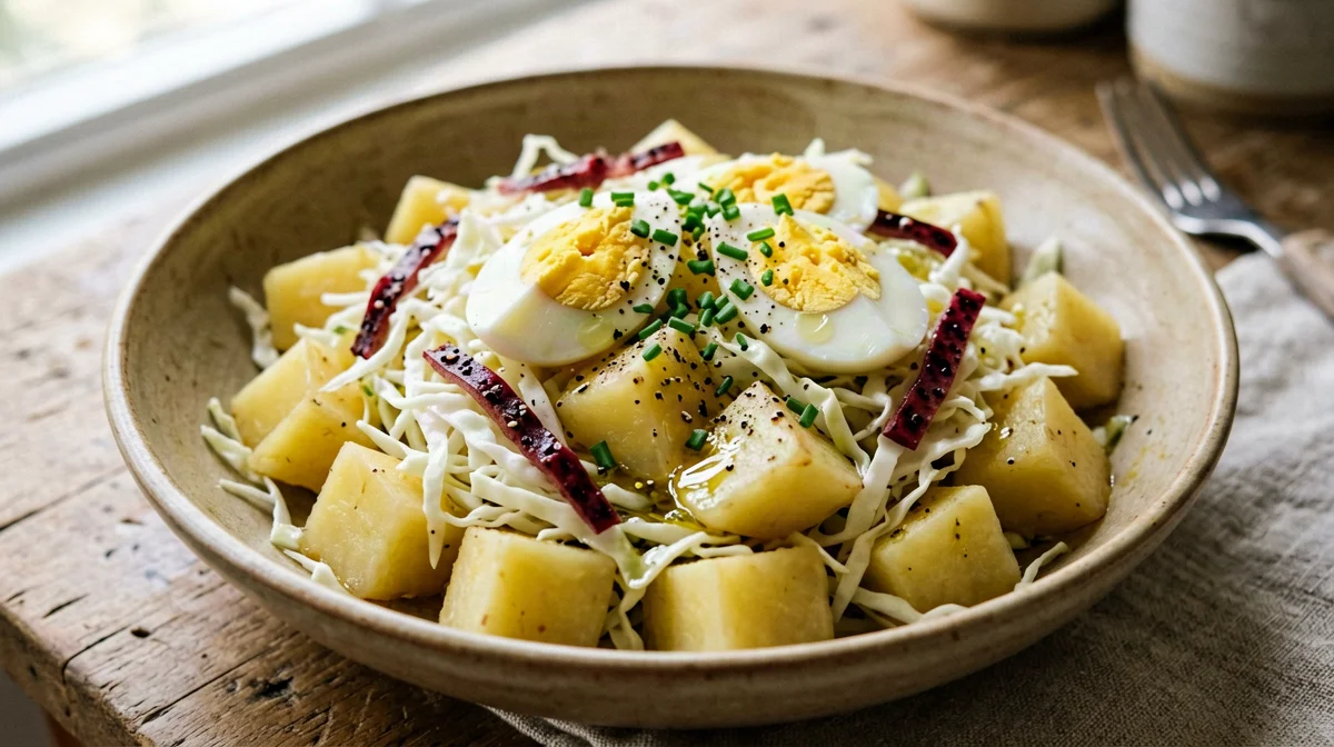 Warm speck, potato and white cabbage salad
