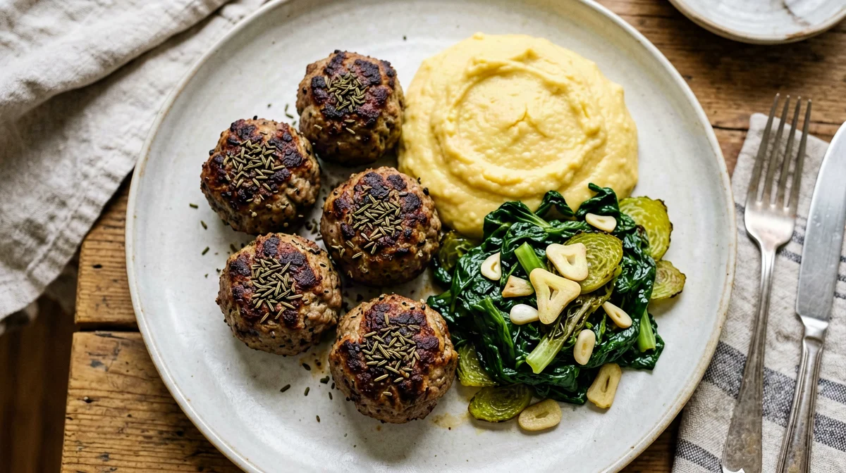 Polpette di maiale ai semi di finocchio con cime di rapa e polenta
