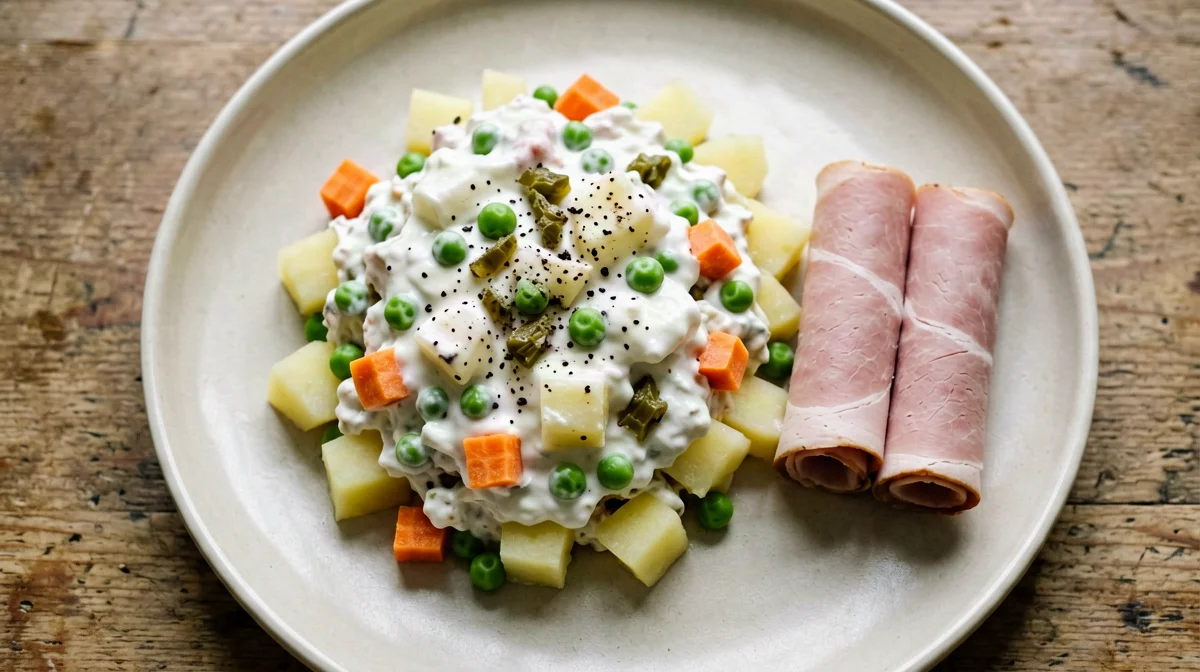 Prosciutto cotto con insalata di patate, piselli e carote allo yogurt