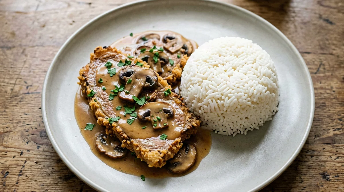 Scaloppine di vitello ai funghi champignon con riso pilaf