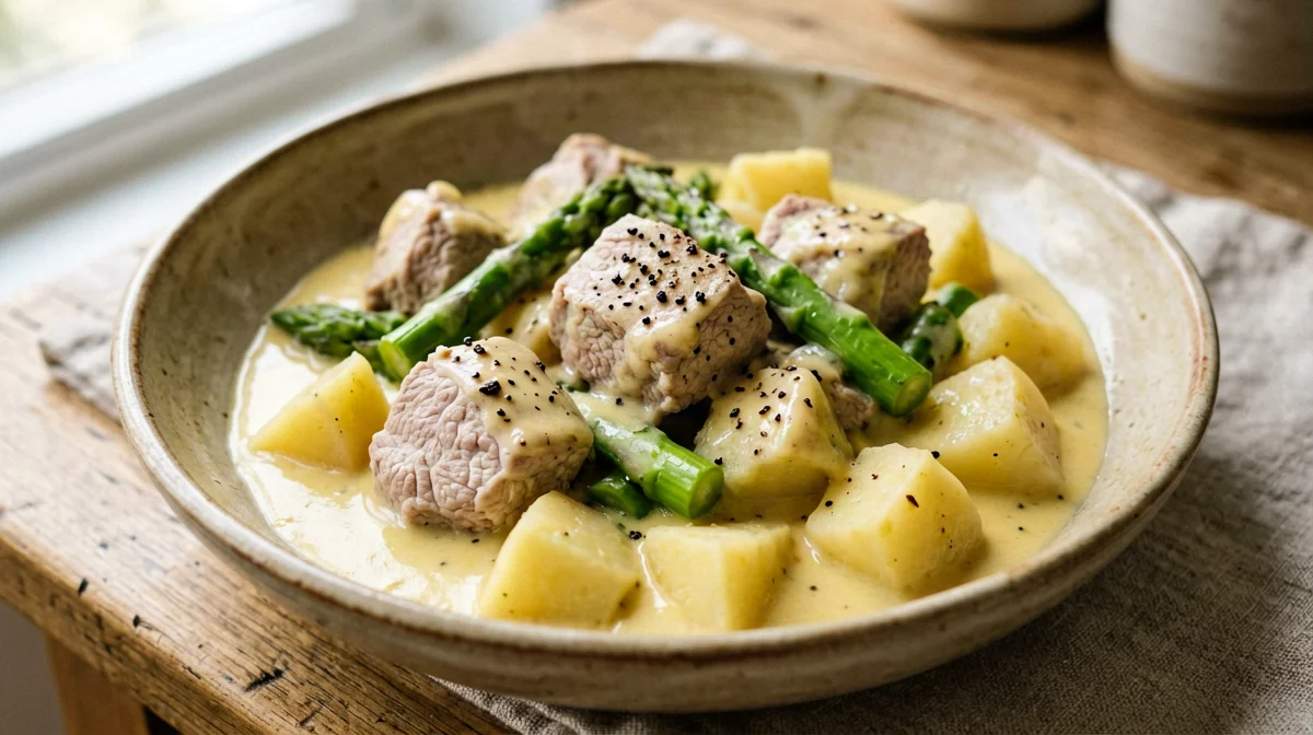 Fricassea di vitello con asparagi e patate novelle