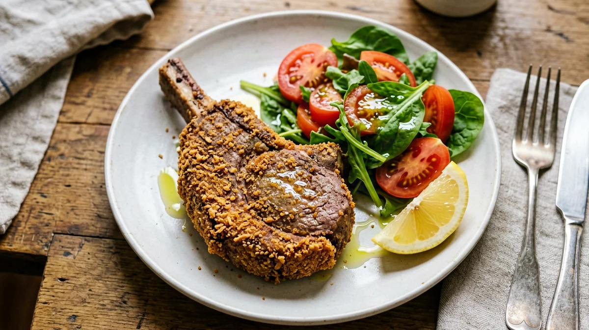 Cotoletta di vitello al forno con insalata di pomodori e rucola