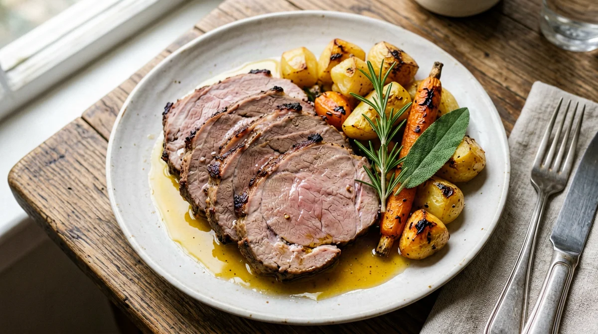 Herb-roasted veal topside with potatoes and carrots