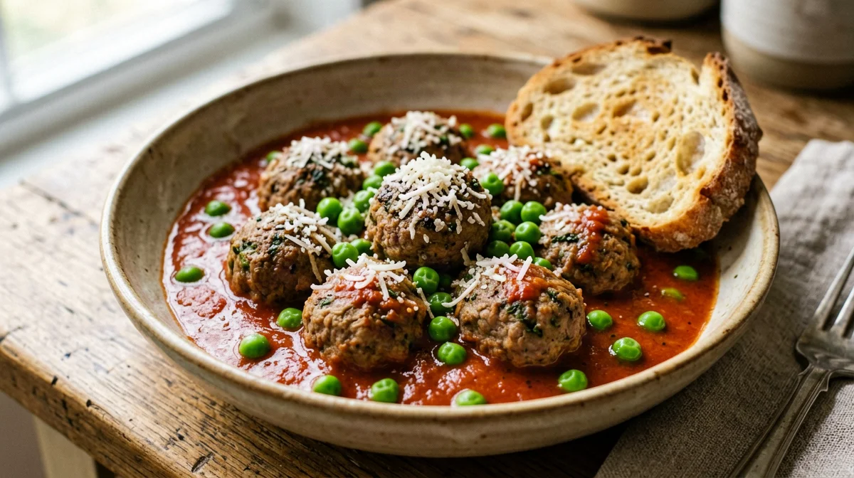 Stewed veal meatballs with peas and bread