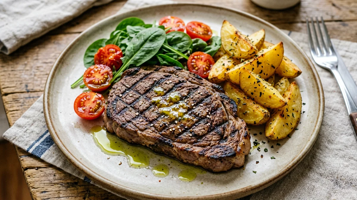 Veal paillard with rocket, cherry tomatoes and roast potatoes