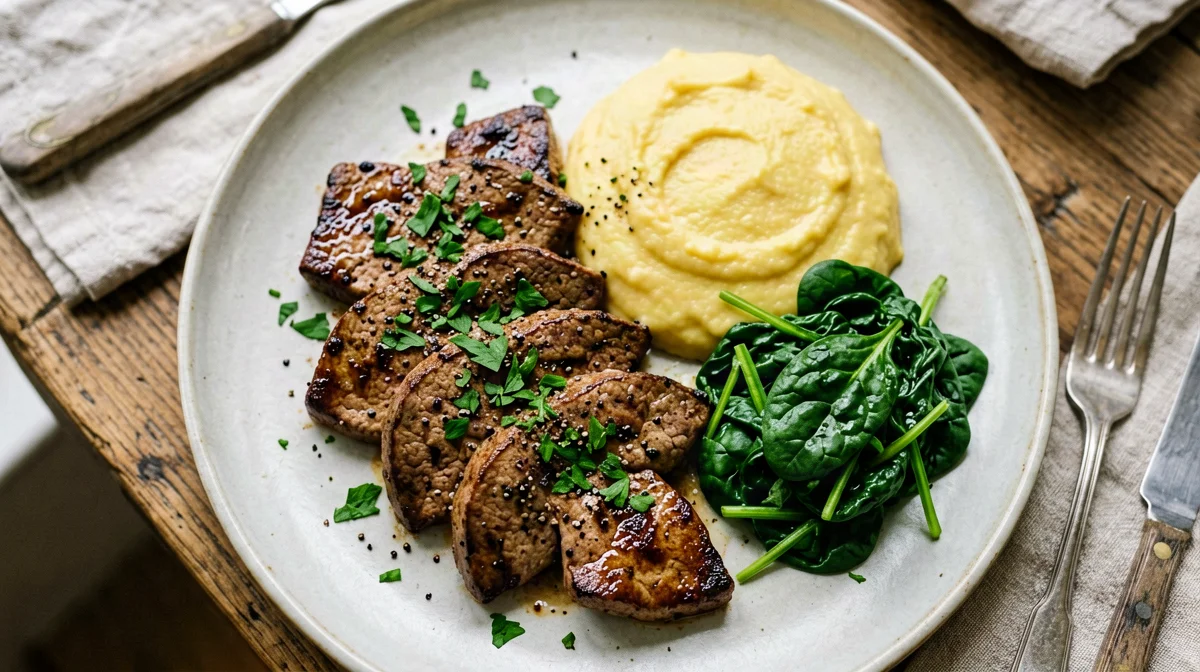 Sautéed veal kidney with polenta and spinach