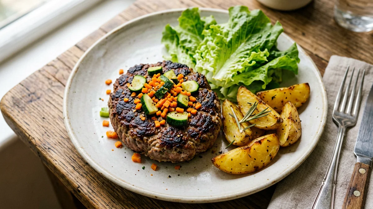 Burger di vitello e verdure con patate al forno e insalata
