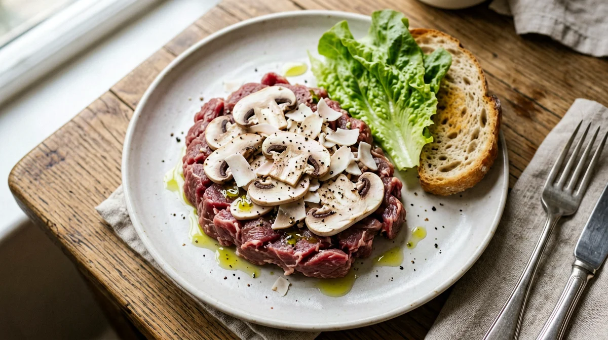 Carne cruda all'albese con funghi champignon, grana e pane