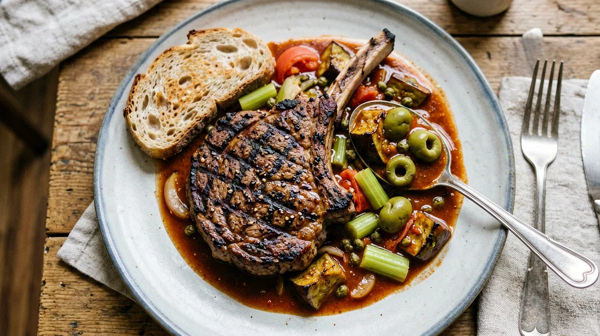 Costoletta di vitello ai ferri con caponata leggera e pane