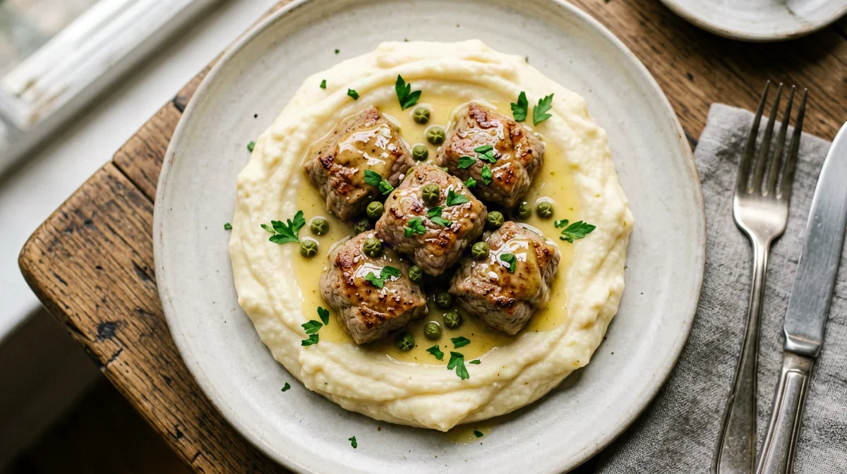 Lemon and caper veal bites with cauliflower mash
