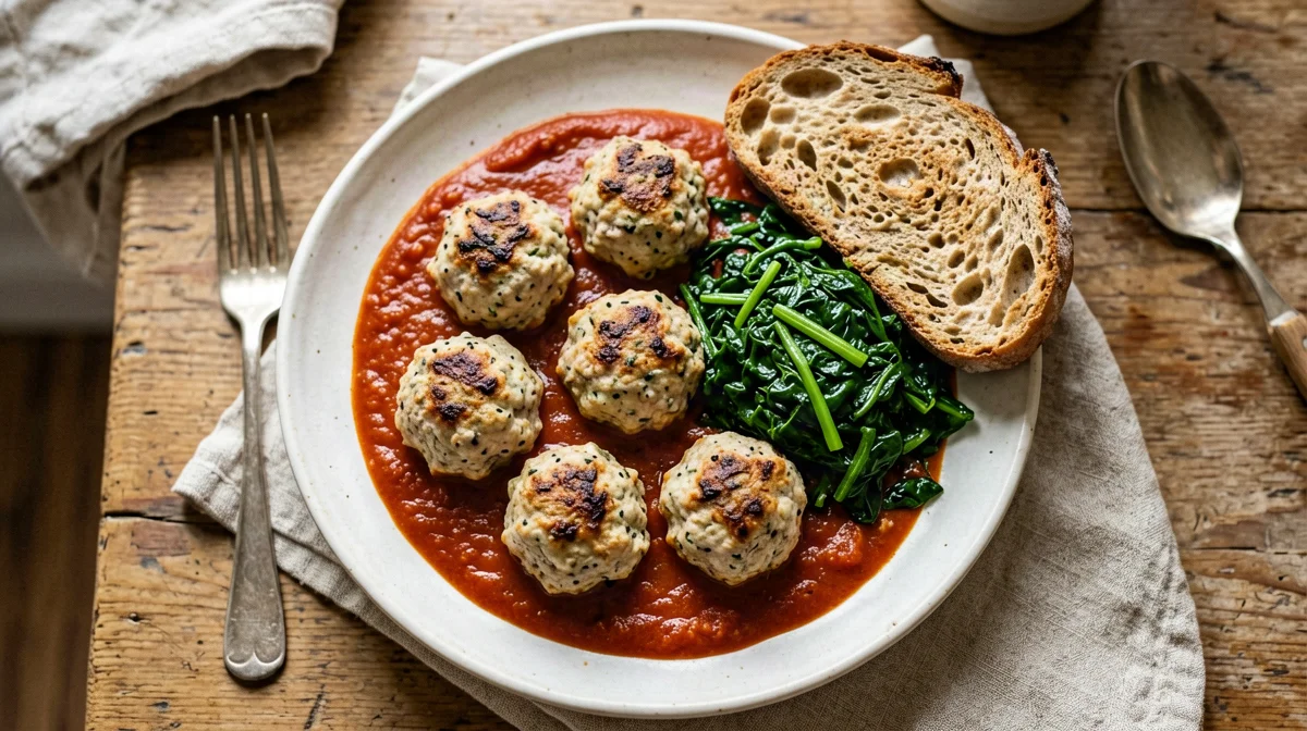 Veal and ricotta meatballs with tomato sauce and chard