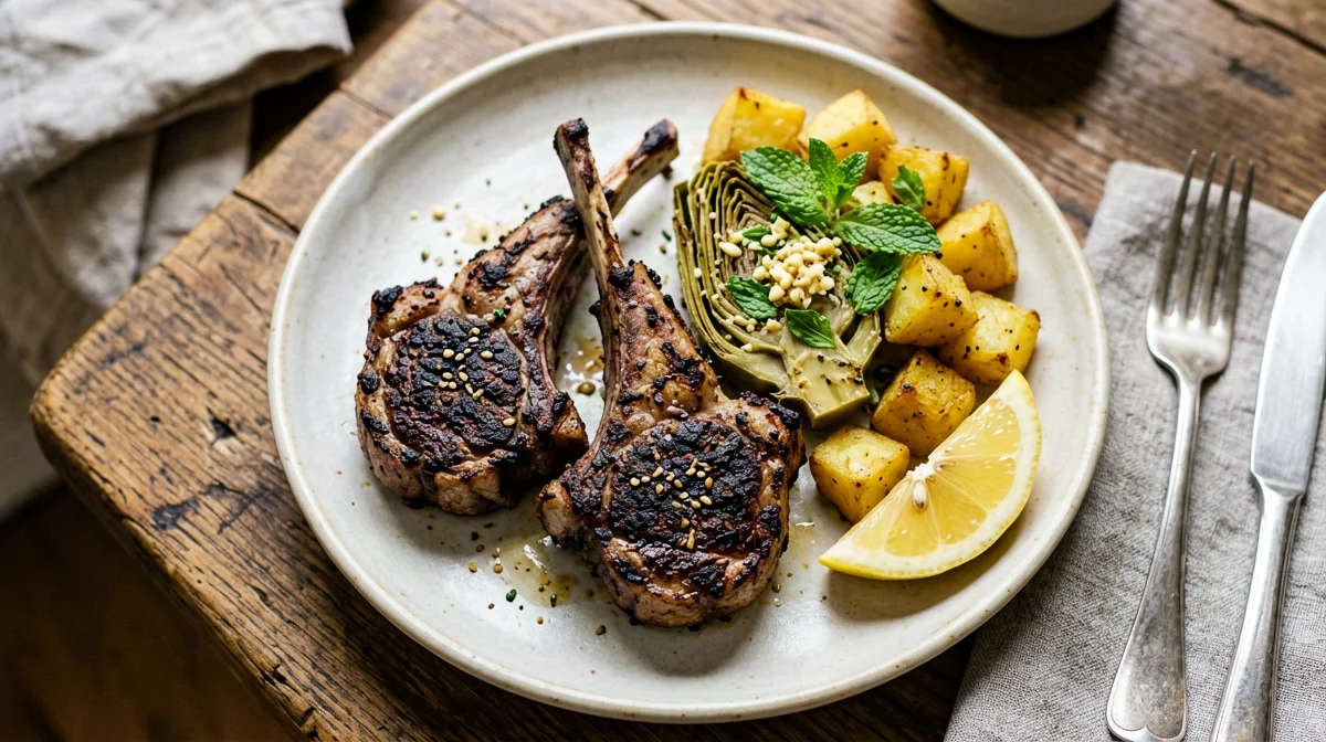 Scottadito lamb chops with pan-cooked artichokes and potatoes