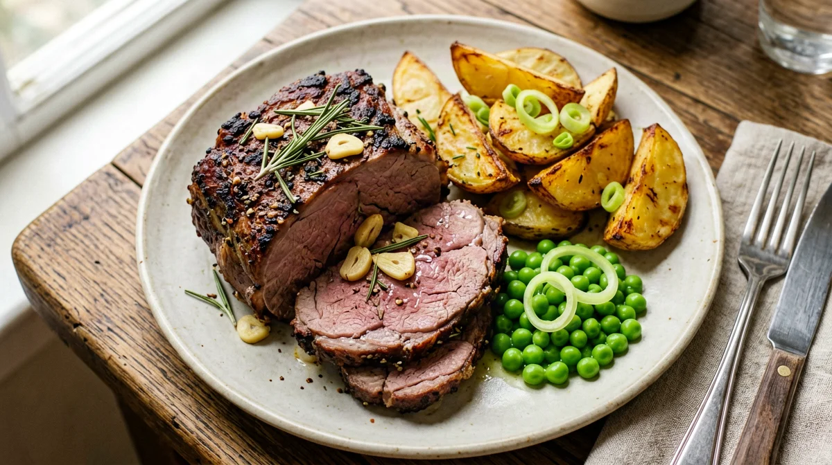 Cosciotto d'agnello al forno con patate e piselli
