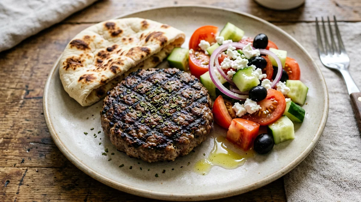 Burger d'agnello con feta, insalata greca e pane pita
