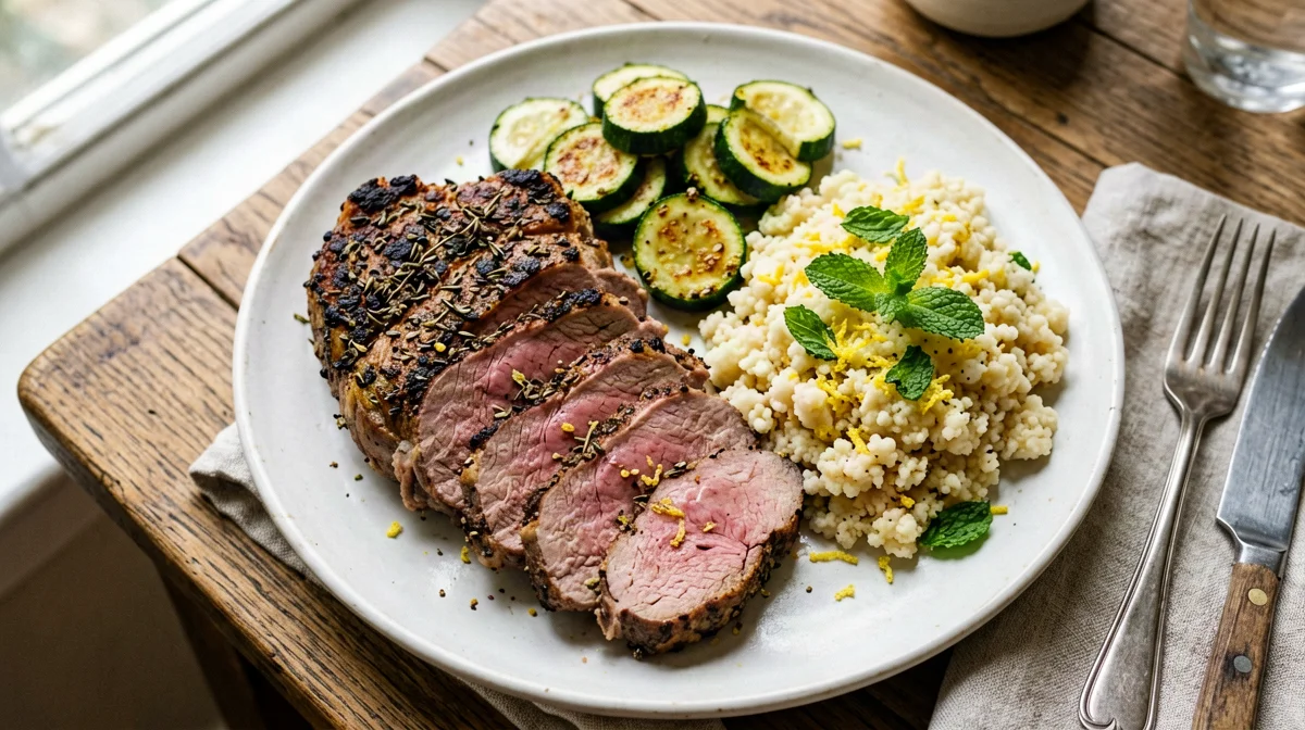 Herbed leg of lamb with zucchini and lemon couscous