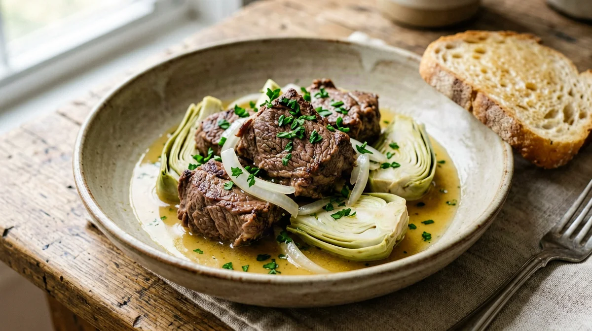 Agnello in umido con carciofi e pane