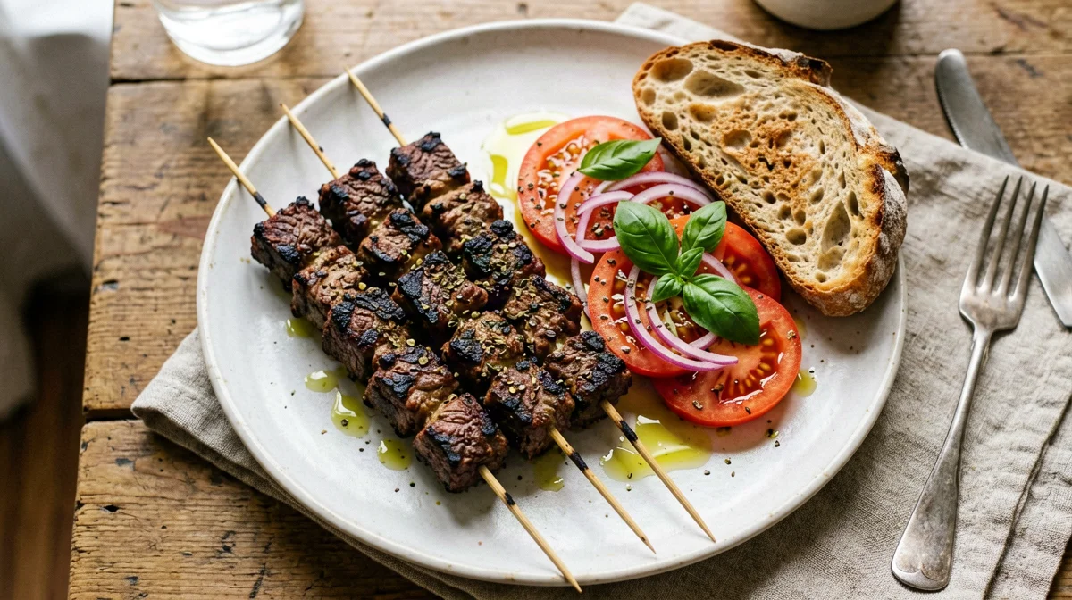 Lamb arrosticini with tomato salad and country bread