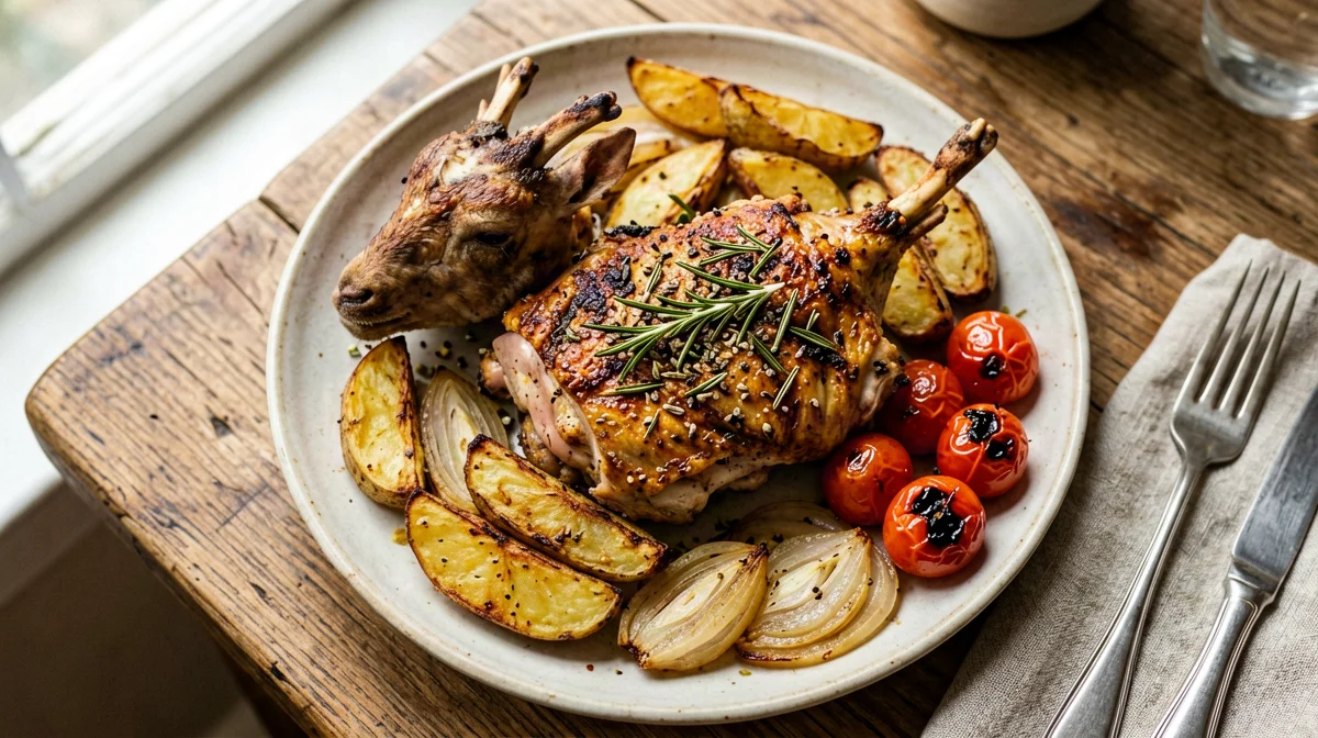 Capretto al forno con patate e cipolle