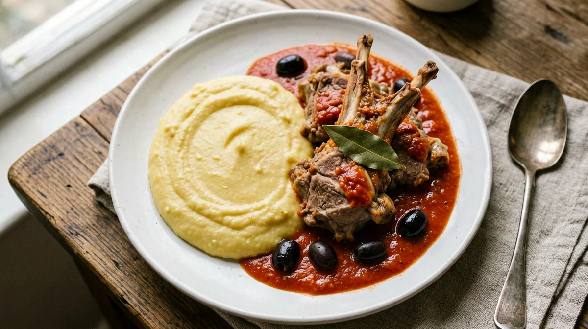 Capretto in umido con olive e pomodoro e polenta