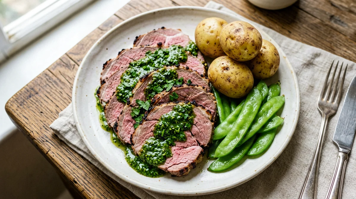 Sliced lamb with mint sauce and new potatoes