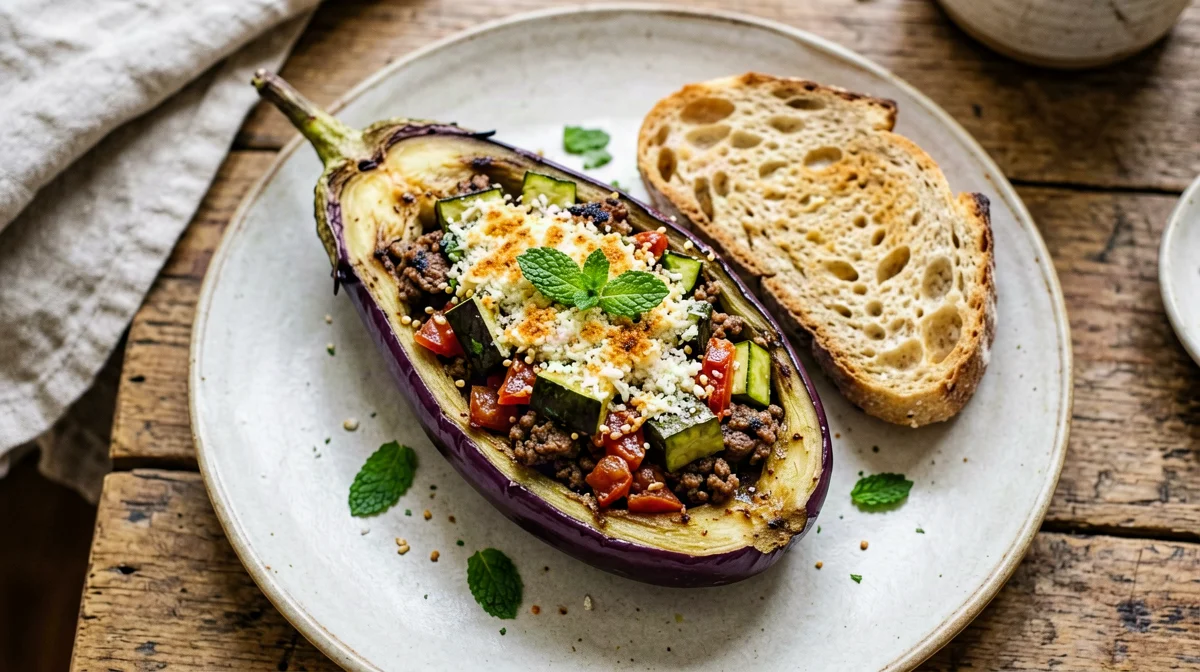 Aubergines stuffed with lamb and tomato with bread
