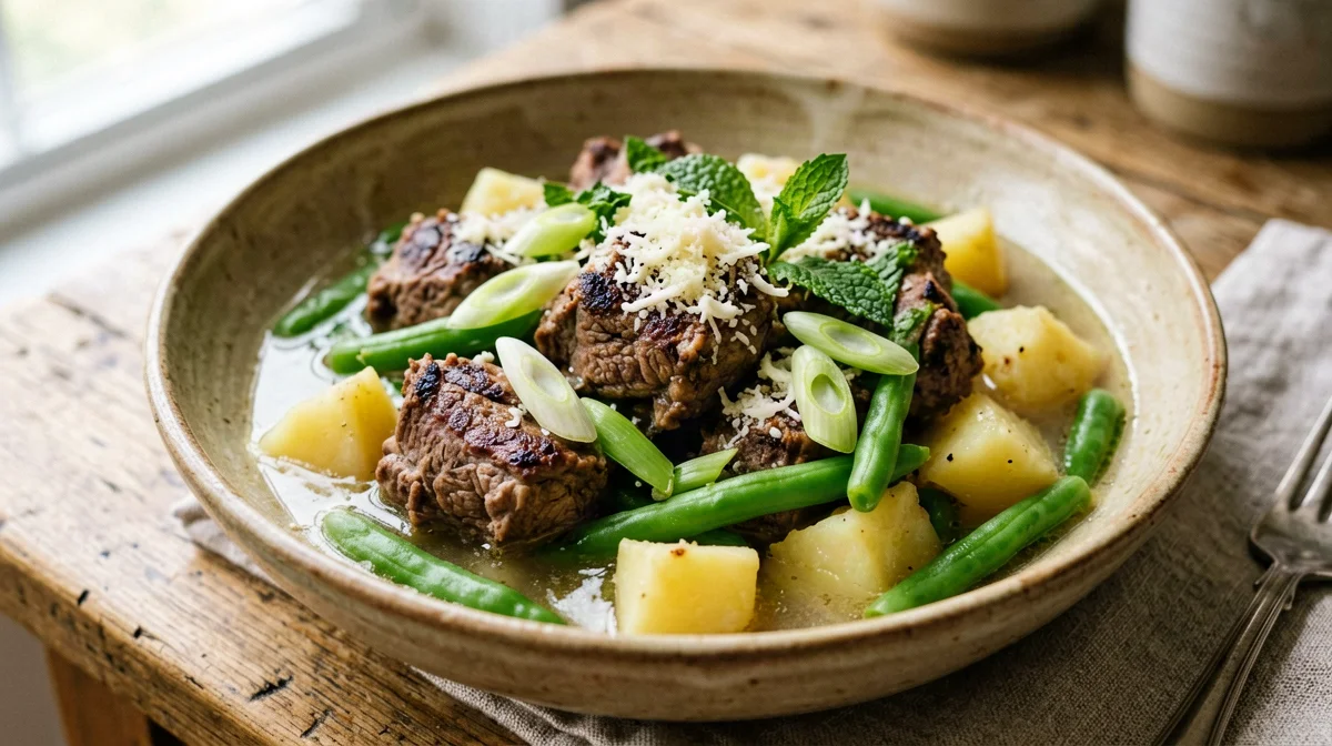 Agnello con fave fresche, cipollotto e pecorino