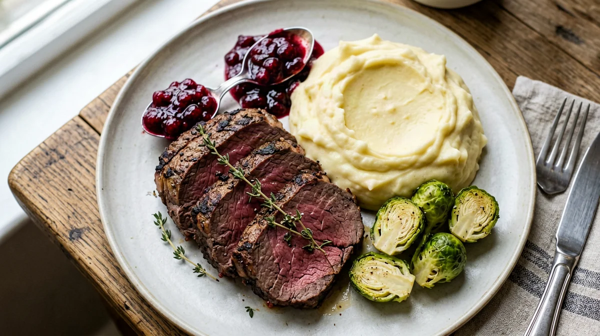 Venison fillet with cranberries, mashed potatoes and Brussels sprouts