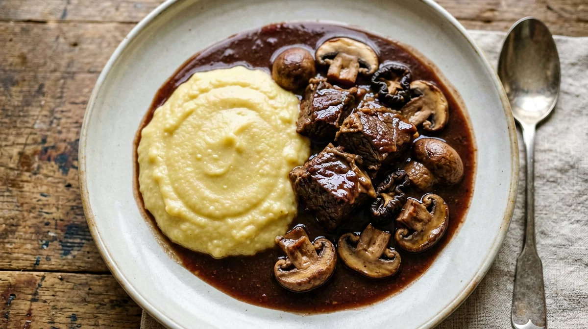 Spezzatino di cervo con funghi e polenta