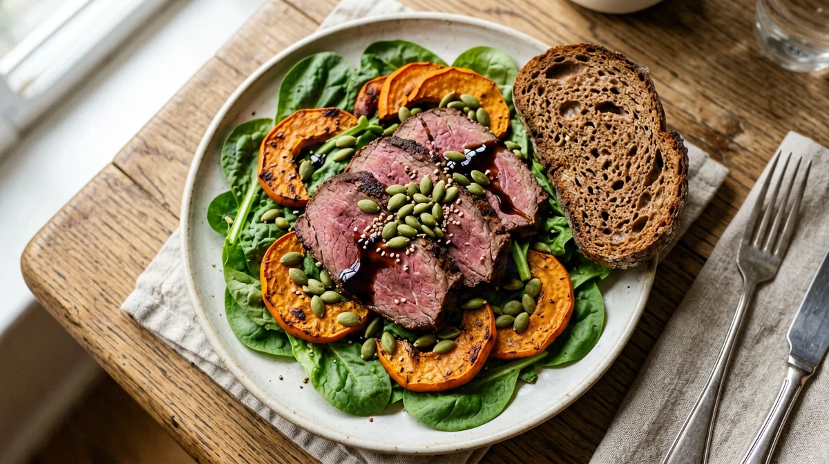 Sliced venison with roast squash and rocket
