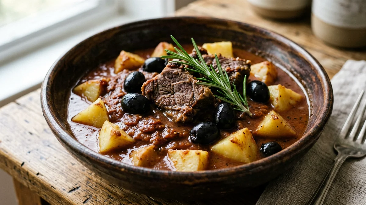 Hunter-style wild boar with olives and potatoes