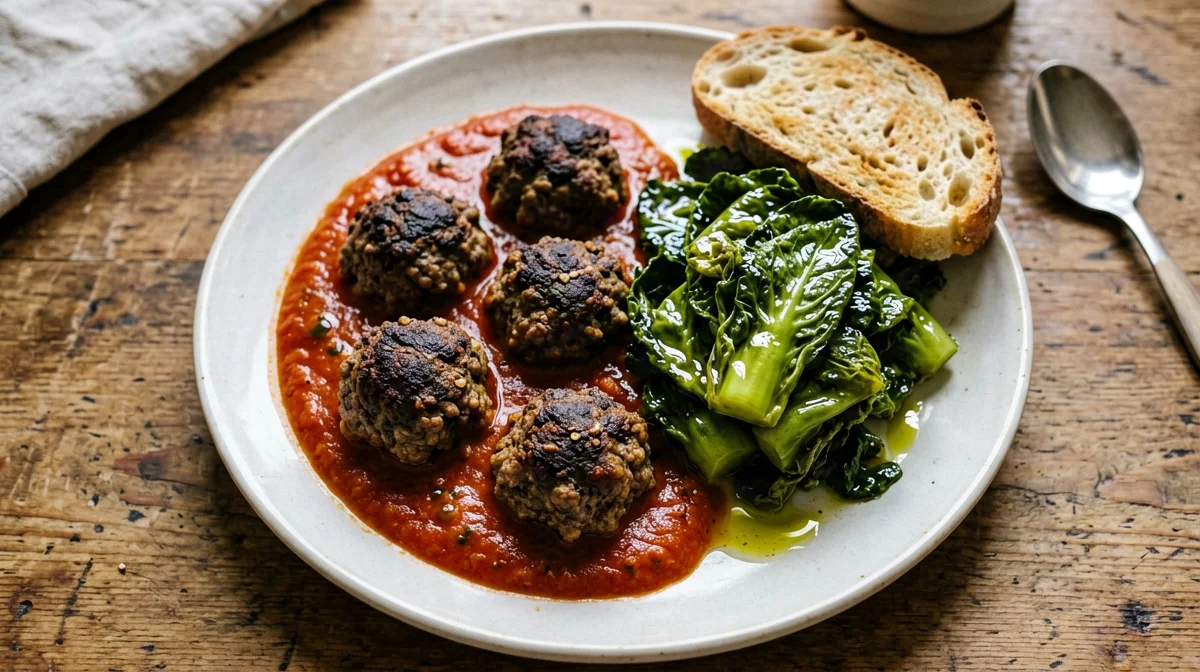 Polpette di cinghiale al pomodoro con pane e cicoria